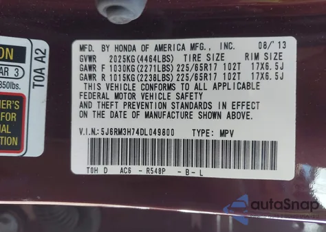 2013 Honda Cr-V Ex-L from USA, damaged, VIN 5J6RM3H74DL049800